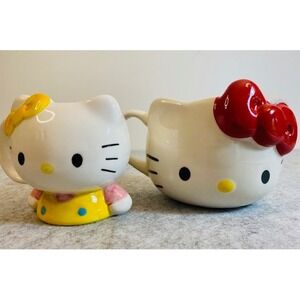 Hello Kitty Mugs Ceramic Red‎ Bow Yellow Dress Cute Collectible**LOT OF 2